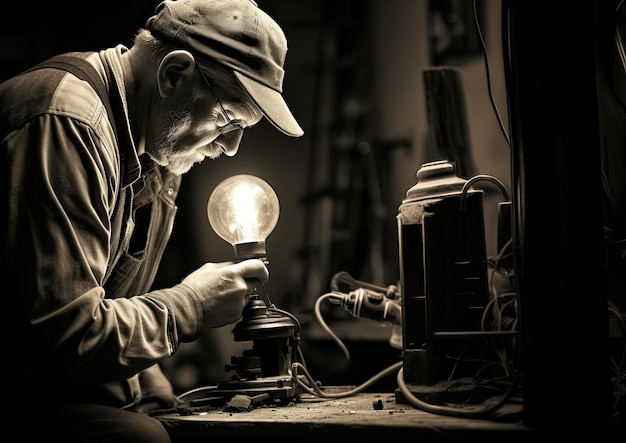 Uma imagem em preto e branco de um eletricista reparando uma velha lâmpada vintage O ângulo da câmera é de