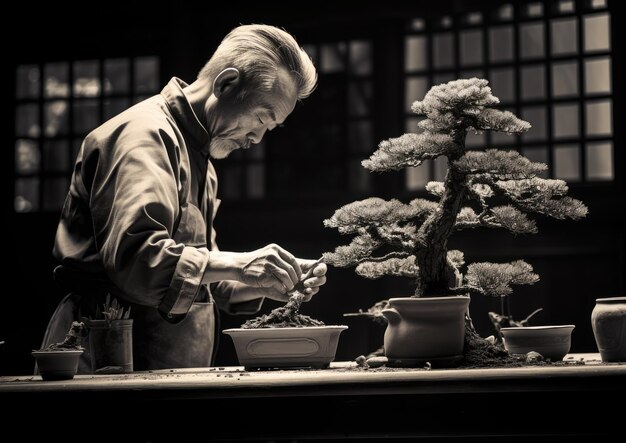 Foto uma imagem em preto e branco de um jardineiro organizando meticulosamente bonsai, capturando a tranquilidade
