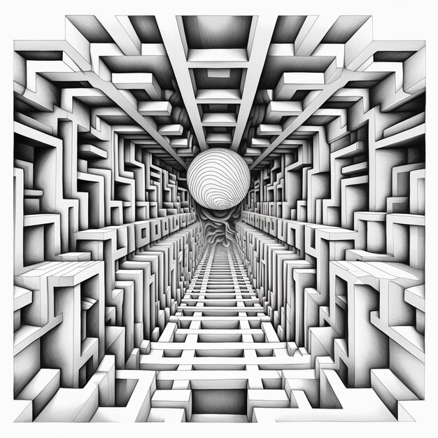 Foto uma imagem em preto e branco de um labirinto com uma esfera no meio ai generativa