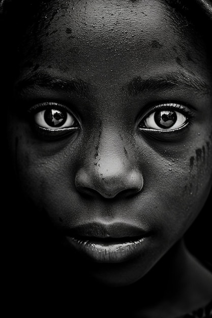 uma imagem em preto e branco de um menino com olhos castanhos e fundo preto.