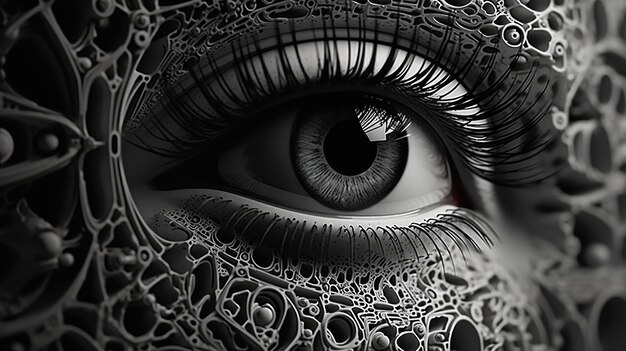 Uma imagem em preto e branco de um olho com muitos padrões intrincados ai
