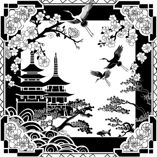 uma imagem em preto e branco de um pagode com pássaros voando acima dele