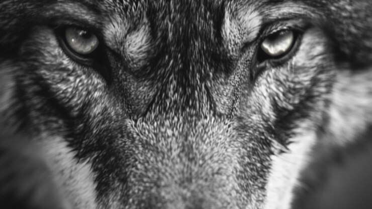 Foto uma imagem em preto e branco de um rosto de cão com um fundo preto e branco