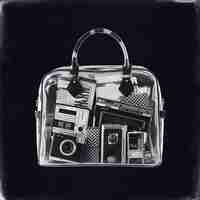 Foto uma imagem em preto e branco de um saco transparente e acessórios antigos dentro dele