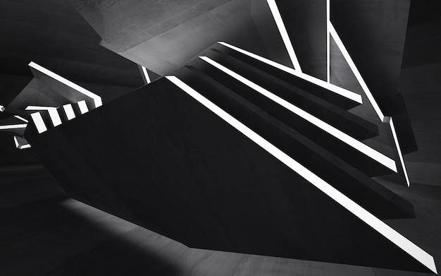 Uma imagem em preto e branco de uma escada com linhas brancas e luz brilhando através dela.
