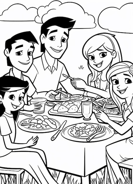 uma imagem em preto e branco de uma família comendo pizza junta, IA generativa