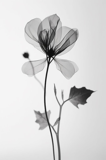 Uma imagem em preto e branco de uma flor com uma folha nela.