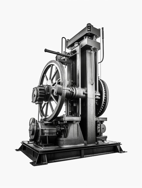 Uma imagem em preto e branco de uma máquina grande com uma roda grande e a palavra 'vapor' nela.
