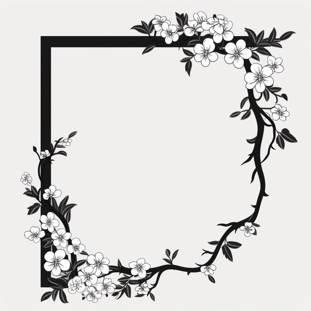 uma imagem em preto e branco de uma moldura florida com folhas generativas ai