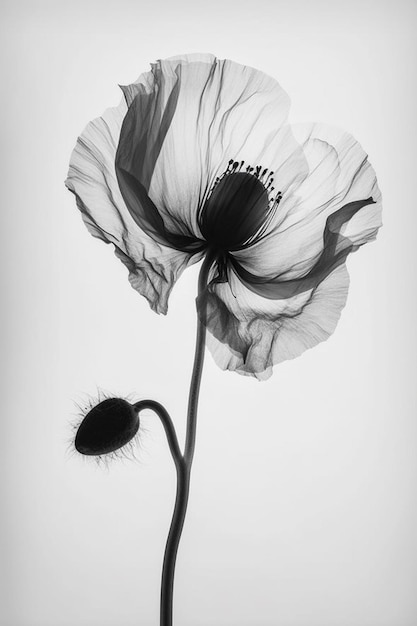 Uma imagem em preto e branco de uma papoula com uma única flor no centro.