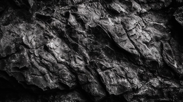 Uma imagem em preto e branco de uma rocha áspera, áspera e texturizada.