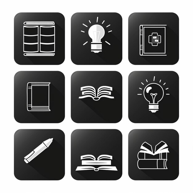 Foto uma imagem em preto e branco de vários ícones, incluindo um livro, uma caneta e um livro