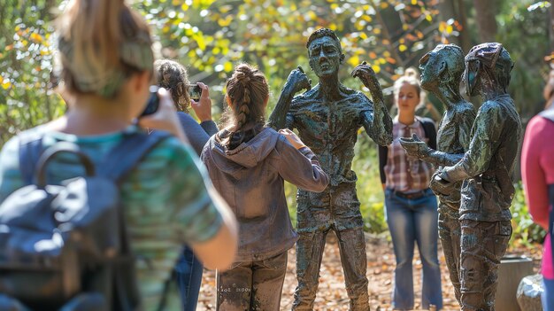 Uma imagem emocional e estimulante de um grupo de pessoas interagindo com estátuas de bronze em um parque