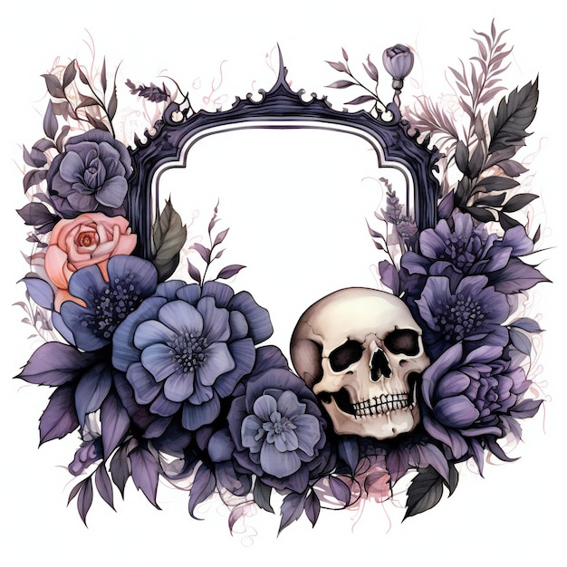 uma imagem emoldurada de uma caveira e flores com uma moldura de caveira.