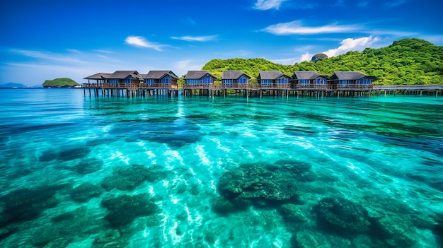 Uma imagem encantadora de bangalôs sobre a água graciosamente situados no mar turquesa de uma ilha tropical isolada