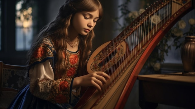 Uma imagem encantadora de uma garota tocando uma bandura, um instrumento musical tradicional ucraniano com sk