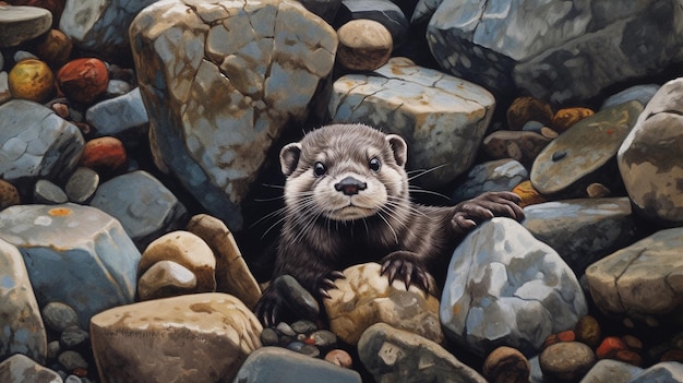Uma imagem encantadora de uma lontra colocando a cabeça para fora de uma pilha de pedras como se estivesse jogando um jogo de