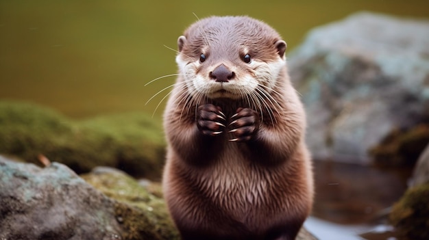 Uma imagem encantadora de uma lontra segurando uma pequena pedra contra o peito, imitando um gesto sincero que
