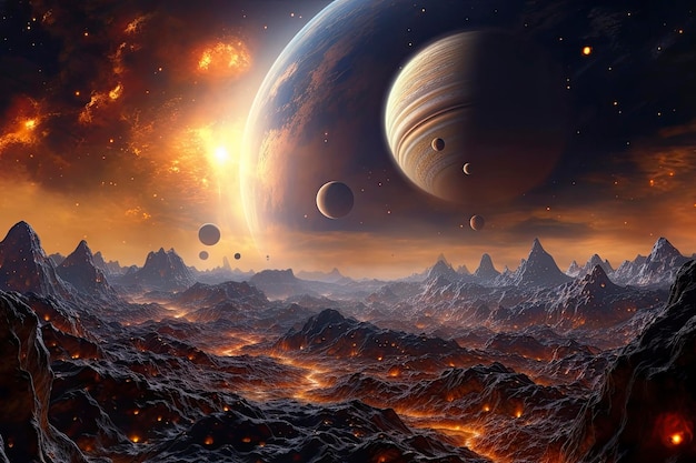 Uma imagem escura e misteriosa de um planeta com planetas menores e luas orbitando ao seu redor