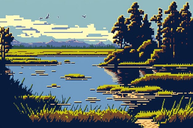 Foto uma imagem estilo pixel art de um lago com montanhas ao fundo.