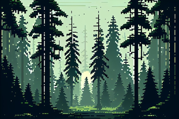 Uma imagem estilo pixel art de uma floresta com árvores em primeiro plano e o sol ao fundo.