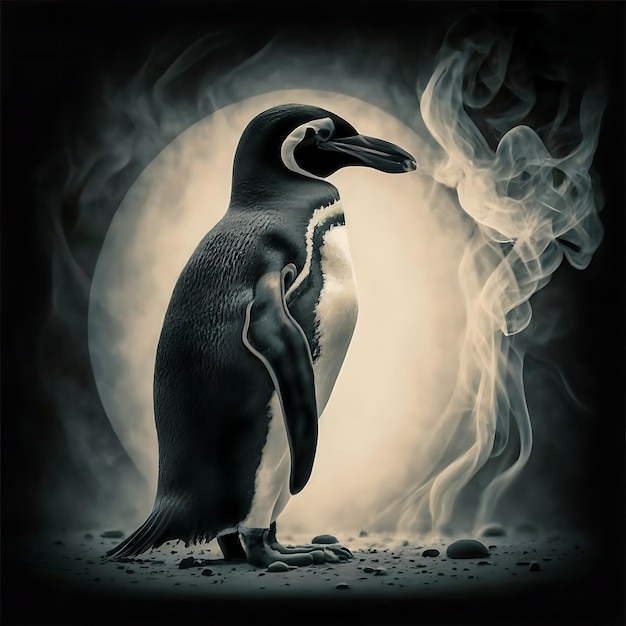 Foto uma imagem etérea e hipnotizante de um pinguim adelie abraçar os estilos de ilustração fantasia escura e mistério cinematográfico a natureza esquiva de fumaça