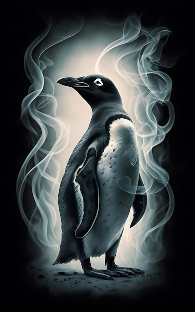 Foto uma imagem etérea e hipnotizante de um pinguim adelie abraçar os estilos de ilustração fantasia escura e mistério cinematográfico a natureza esquiva de fumaça