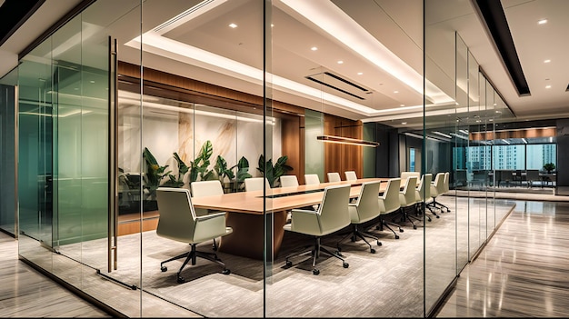 Uma imagem excepcional de uma sala de reuniões envidraçada exemplificando o design moderno e a inovação em um ambiente de escritório sofisticado