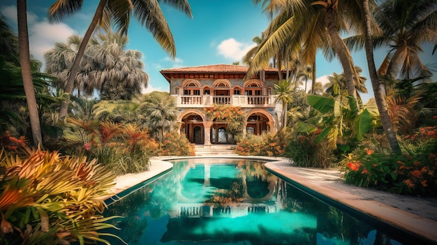 Uma imagem fascinante de uma villa luxuosa que integra perfeitamente a arquitetura refinada com um cenário tropical exuberante para o melhor retiro de verão