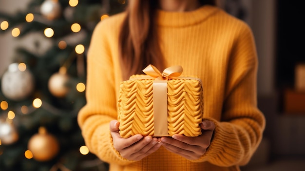 Uma imagem festiva de uma mulher vestindo um suéter amarelo segurando uma caixa de presentes de Natal ecológica