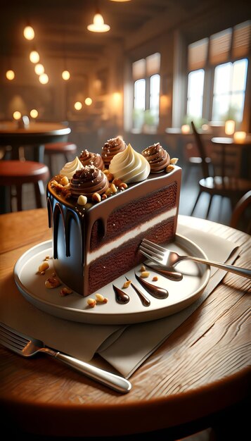 Uma imagem foto-realista de um bolo de chocolate adornado com nozes de creme e uma chuva generosa