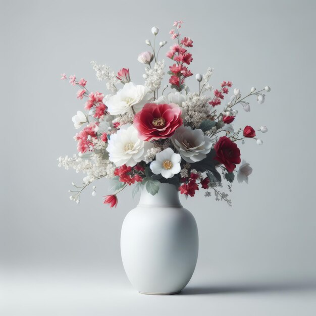 Uma imagem foto-realista de um vaso branco com um buquê de flores vermelhas e cor-de-rosa