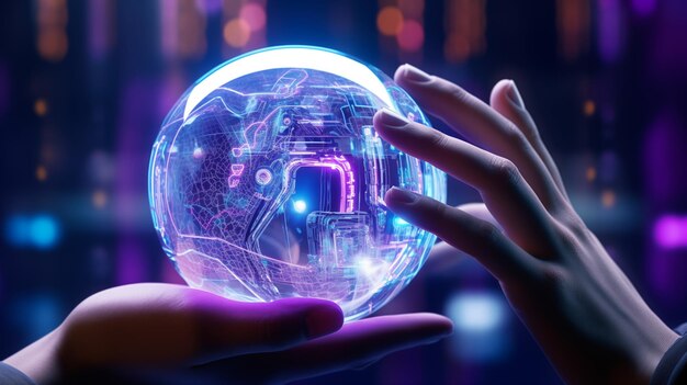 Uma imagem foto-realista de uma mão robótica futurista elegante com um holográfico