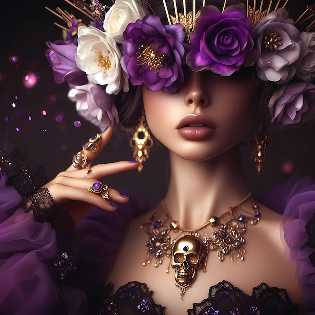 Uma imagem foto-realista de uma pessoa vestindo uma coroa de flores e um vestido roxo