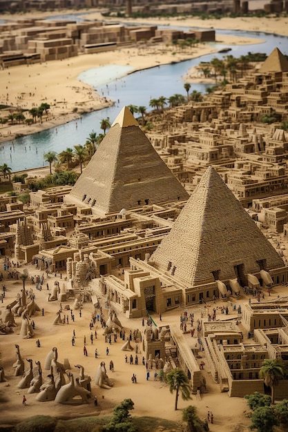 uma imagem fotorrealista de um Egito em miniatura com as pirâmides de Ghiza