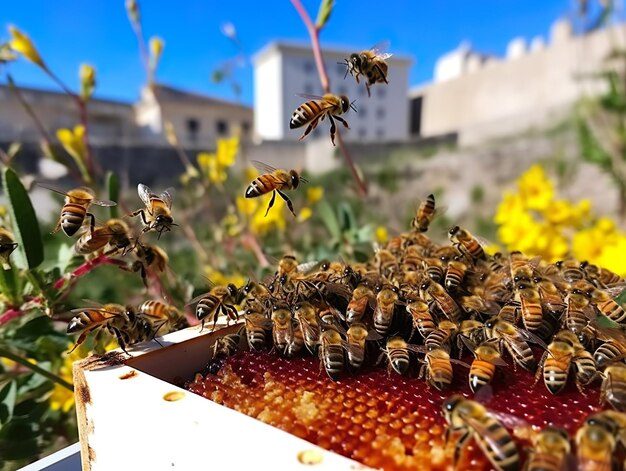 Uma imagem fotorrealista de uma colmeia de abelhas em um telhado.