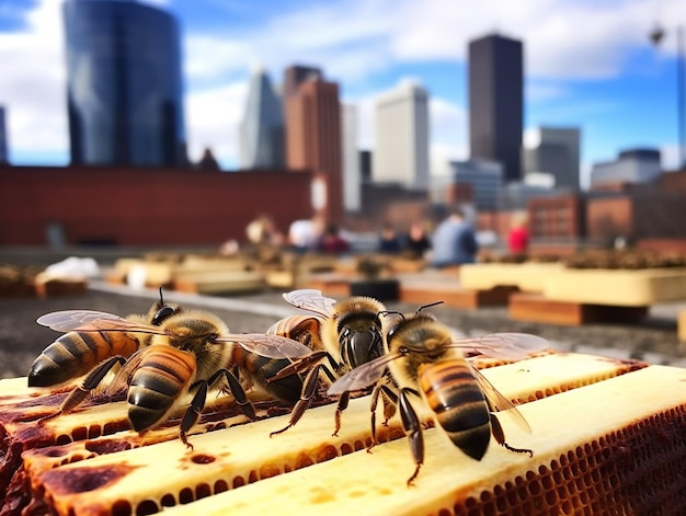 Uma imagem fotorrealista de uma colmeia de abelhas em um telhado.