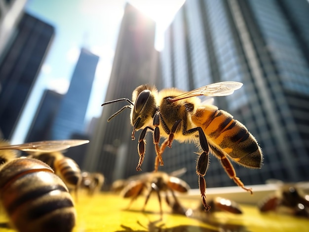 Uma imagem fotorrealista de uma colmeia de abelhas em um telhado.