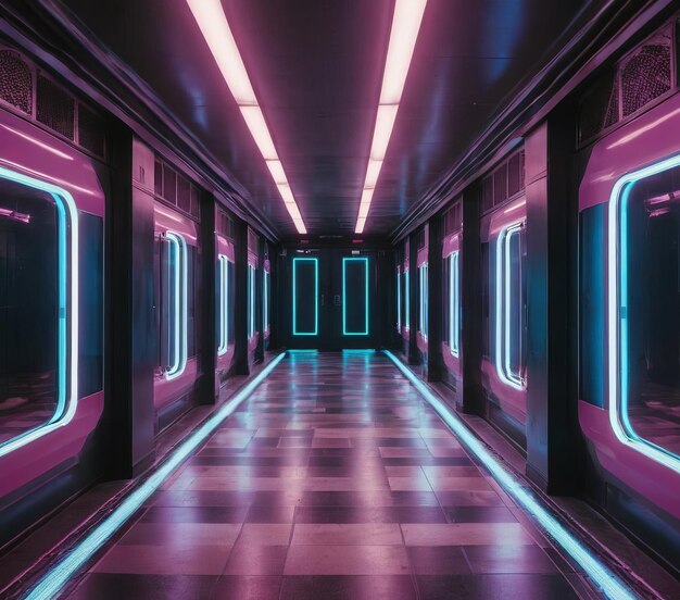 Uma imagem futurista de um corredor com luzes de néon rosa e azul O corredor sci-fi é simétrico