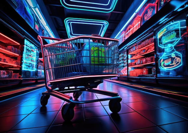 Foto uma imagem futurística de um carrinho de compras da black friday em uma loja de alta tecnologia capturada de um arquivo olho de peixe