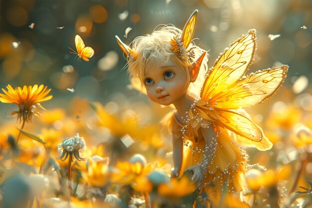 Foto uma imagem generativa de ai de uma pequena fada com borboleta e flores na natureza
