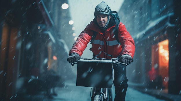 Uma imagem generativa de um homem de entrega de comida andando de bicicleta em uma rua da cidade com uma grande mochila no inverno em nevasca