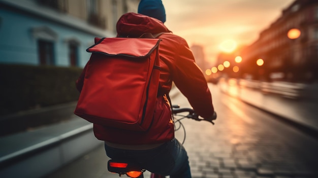 Uma imagem generativa de um homem de entrega de comida andando de bicicleta em uma rua da cidade com uma grande mochila no pôr do sol