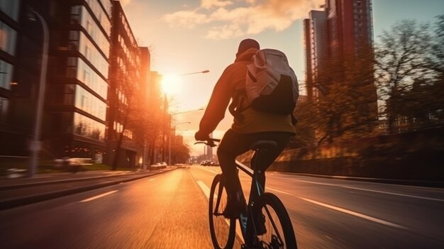 Foto uma imagem generativa de um homem de entrega de comida andando de bicicleta em uma rua da cidade com uma grande mochila no pôr do sol