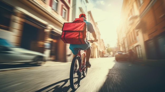 Uma imagem generativa de um homem de entrega de comida andando de bicicleta em uma rua da cidade com uma grande mochila no pôr do sol