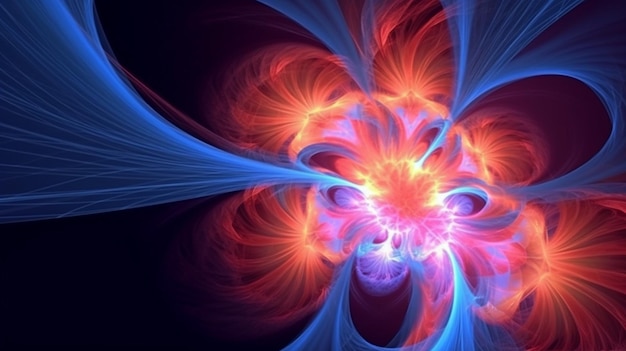 Uma imagem gerada por computador de uma flor com um fundo azul e vermelho.