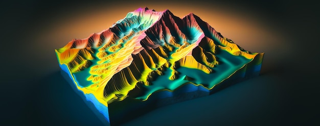 Uma imagem gerada por computador de uma montanha com uma cor azul e amarela.