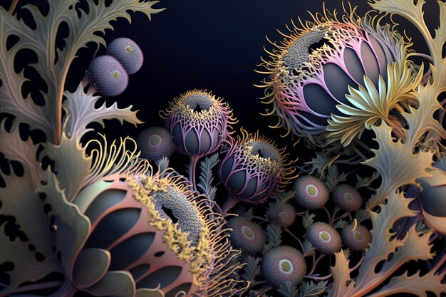 Uma imagem gerada por computador de uma planta com muitas flores coloridas diferentes.