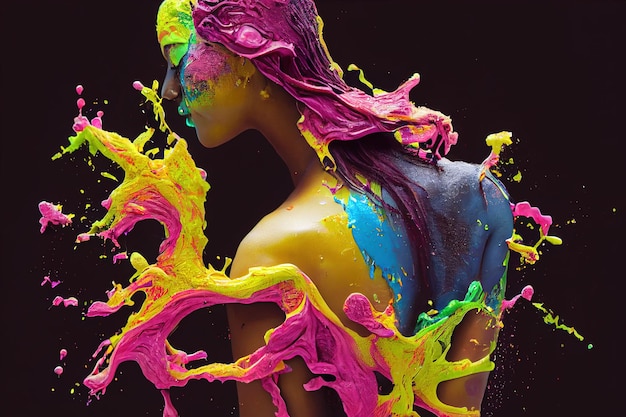 Uma imagem gerada por IA de tintas multicolores pegajosas salpicando na forma de uma mulher