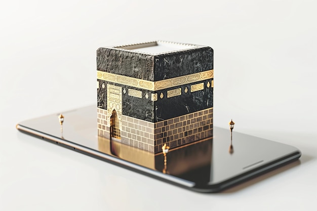 Foto uma imagem gerativa de ia da kaaba em smartphone em fundo branco conceito de tecnologia qibla